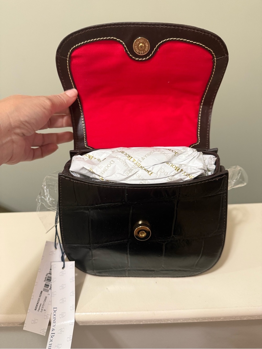 Dooney & Bourke Espresso Croc-Embossed Leather Crossbody with Red Interior